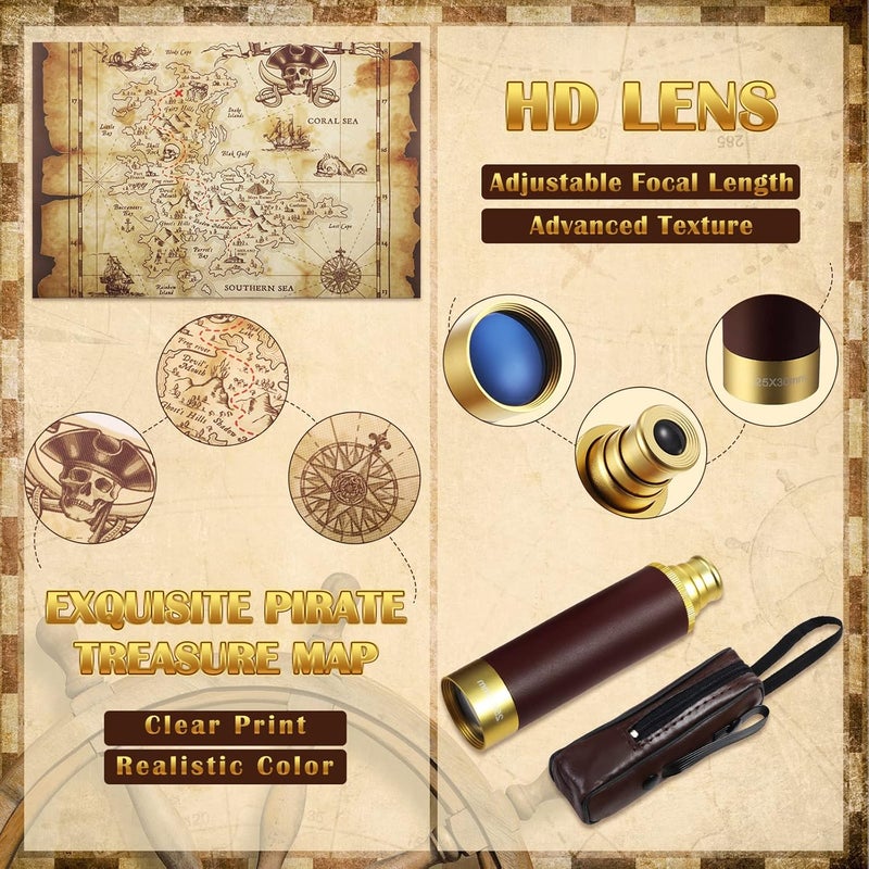 Sratte منظار قراصنة أحادي العدسة خريطة كنز بوصلة جيب قبعة قراصنة طباعة جمجمة زي كابتن، 5 قطع هدايا حفلات زي نظارات تجسس للأطفال بوصلة للعب الأدوار (صغير) - Image 3